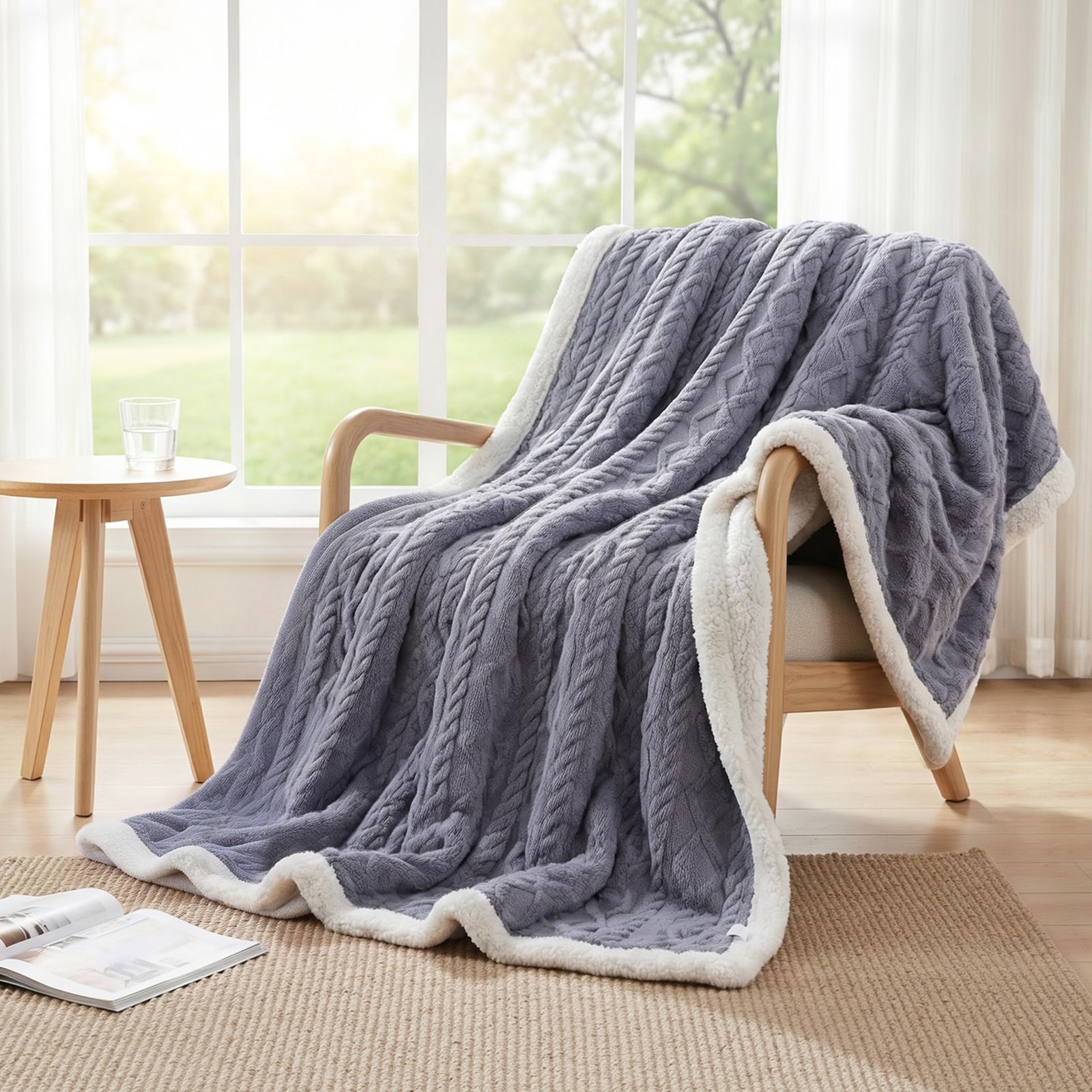 Giselle Bedding Double-Sided Cable Fleece Throw – Grey, 203 × 230 cm