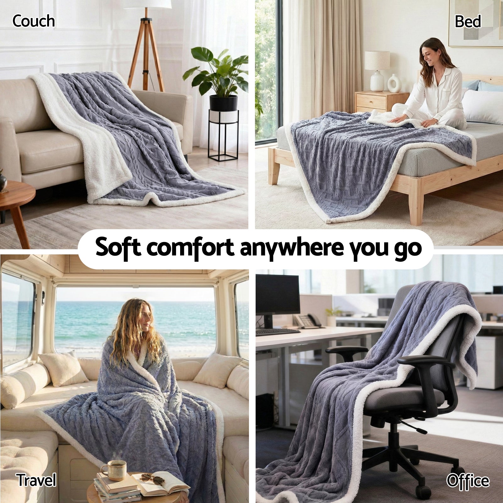 Giselle Bedding Double-Sided Cable Fleece Throw – Grey, 203 × 230 cm