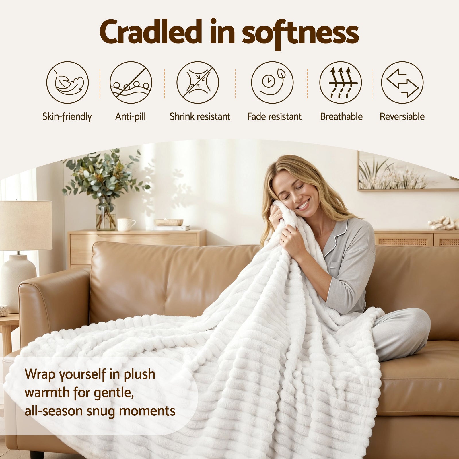 Giselle Bedding Flannel Fleece Throw – White, 152 × 203 cm