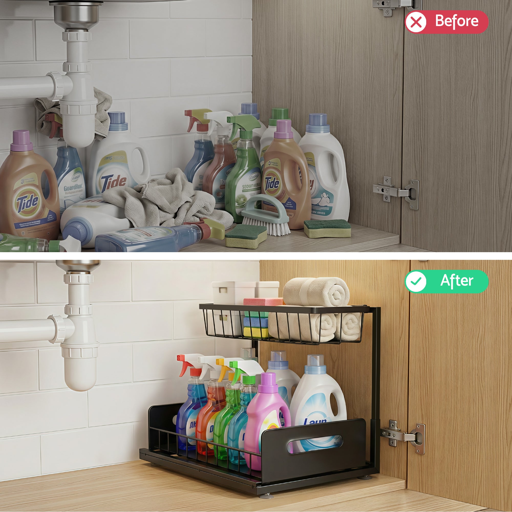 Artiss Under Sink Organizer Storage L Shape 1 Pull Out Drawers Kitchen Cabinet Shelf