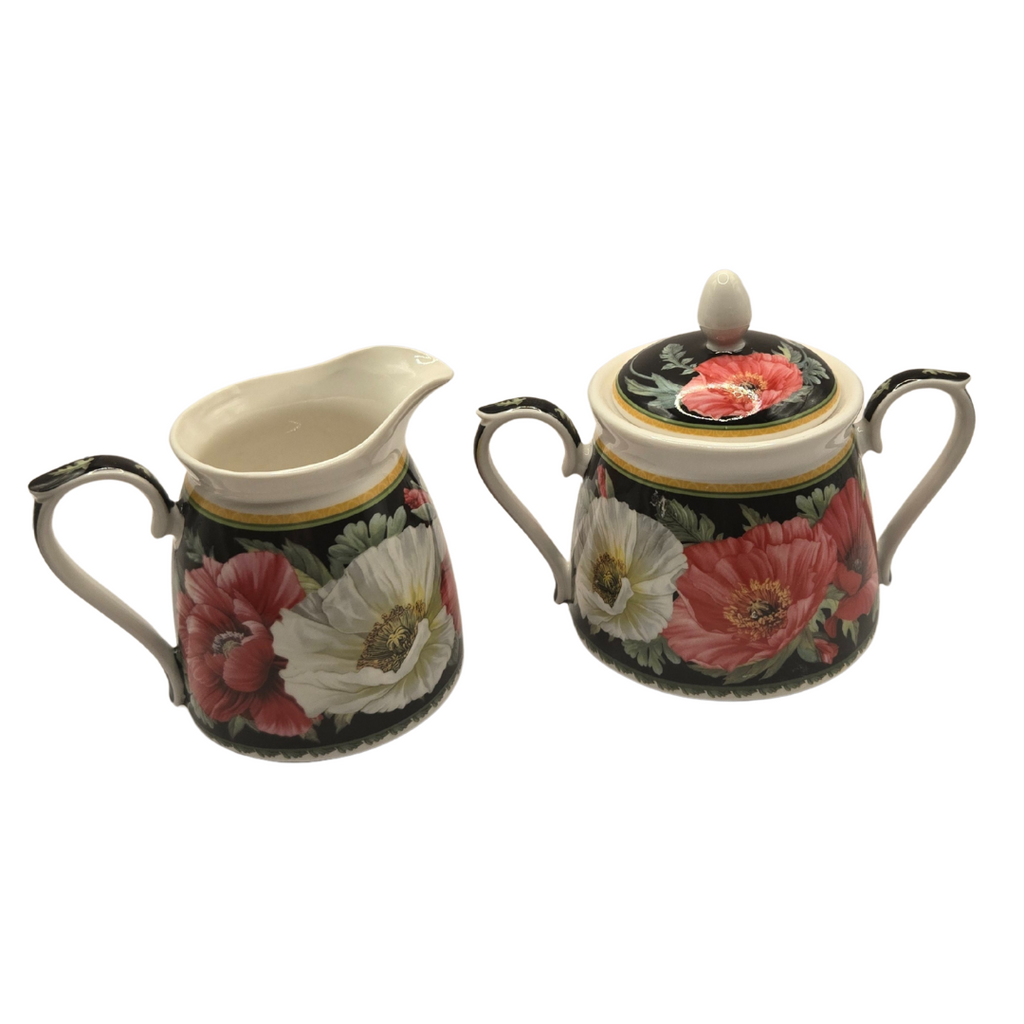 Poppies-on-Black Fine Bone China Milk & Sugar Bowl Set