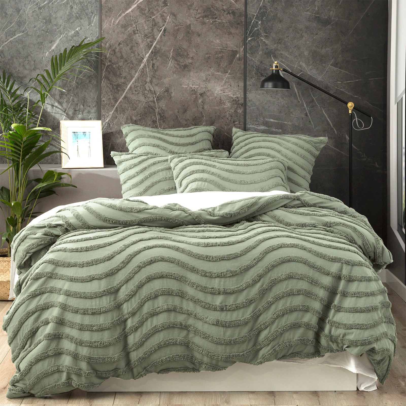 Cloud Linen Wave Tufted Cotton Quilt Cover Set – Sage, King