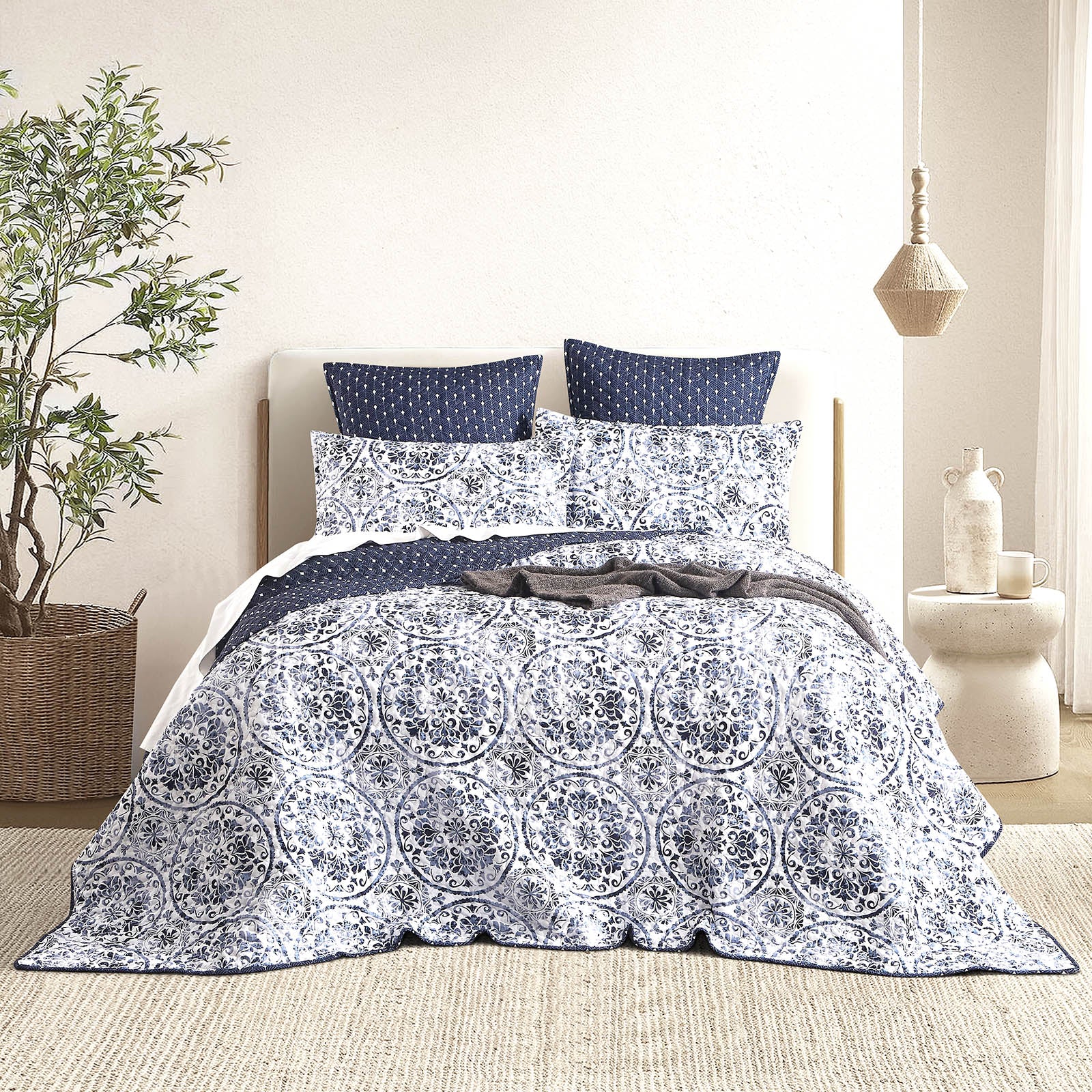 Renee Taylor Delos Reversible Coverlet Set – Blue, Queen/King
