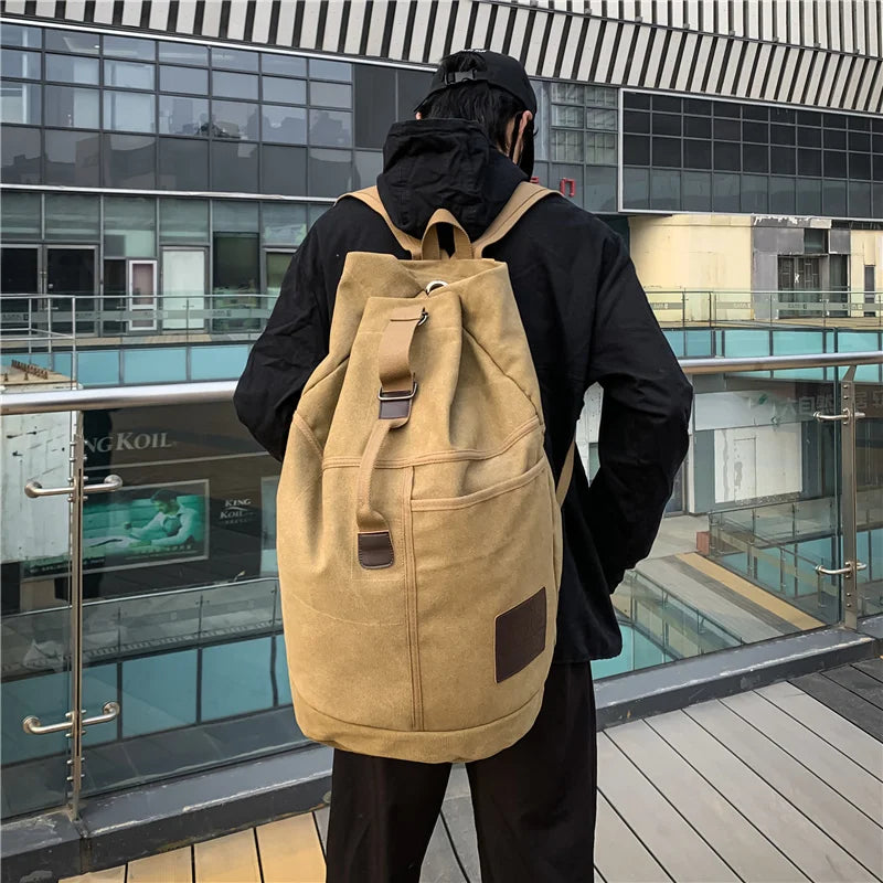 Canvas Travel Backpack with Bucket Design Khaki
