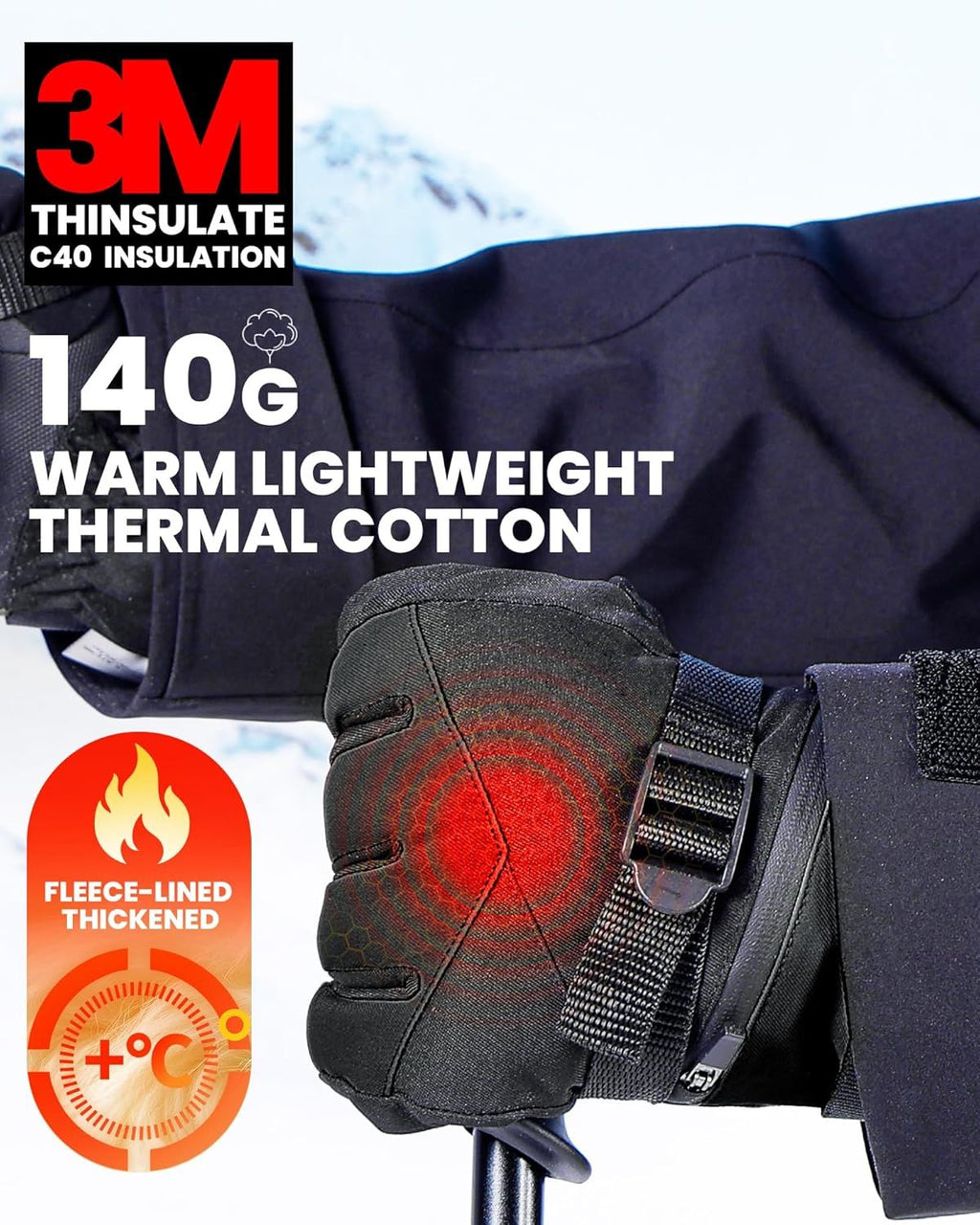 OutdoorMaster Ski Snow Gloves for Women & Men - 3M Thinsulate Waterproof Snowboard Winter Warm Windproof Snowmobile Gloves with Double-Pocket-Black,Large