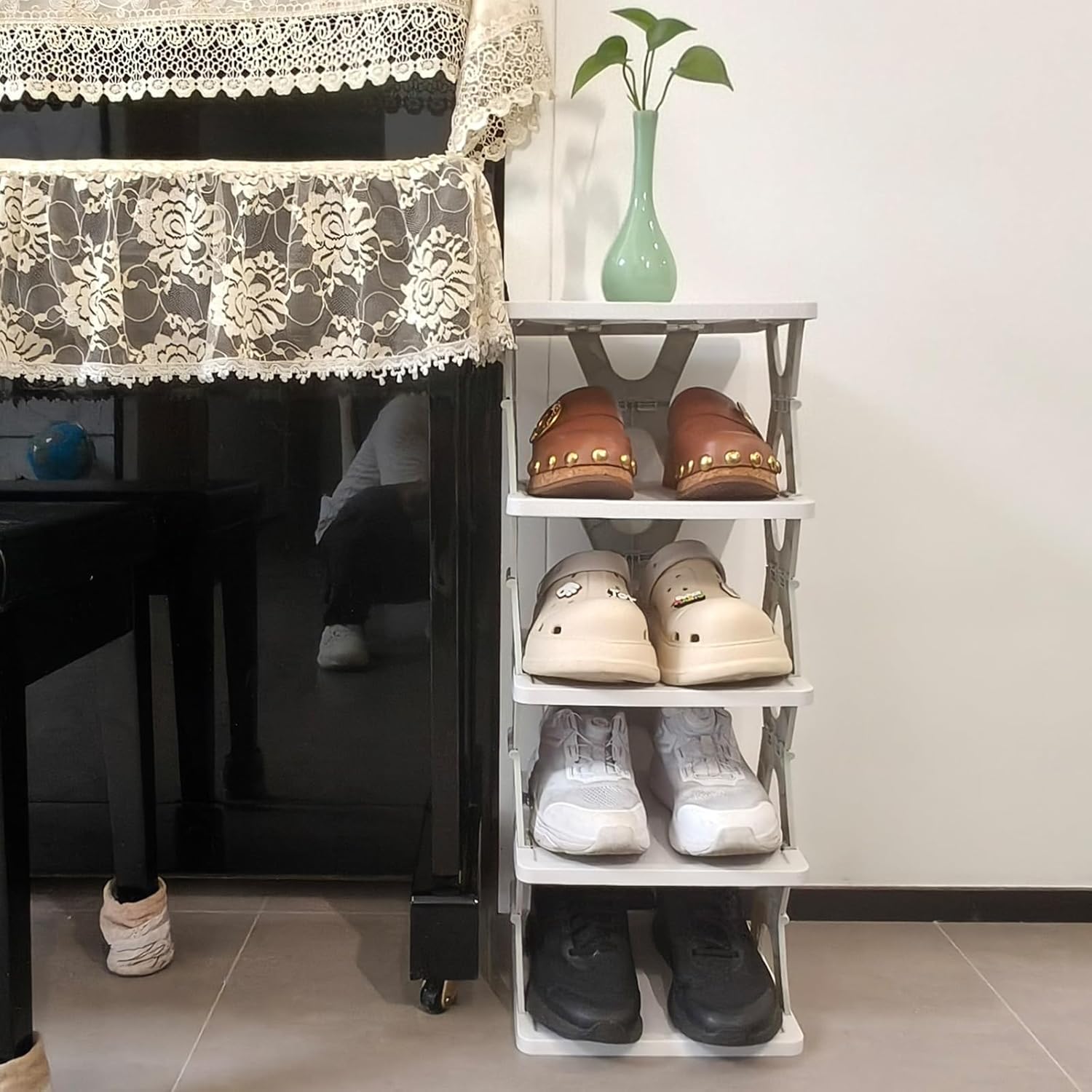 Foldable Five-Tier Vertical Shoe Rack – Purple & White