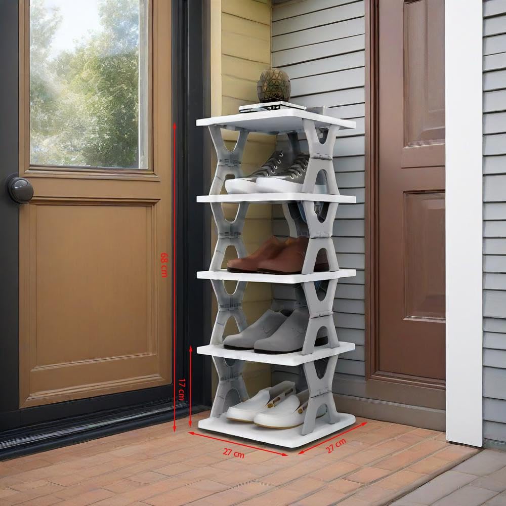 Foldable Five-Tier Vertical Shoe Rack – Purple & White