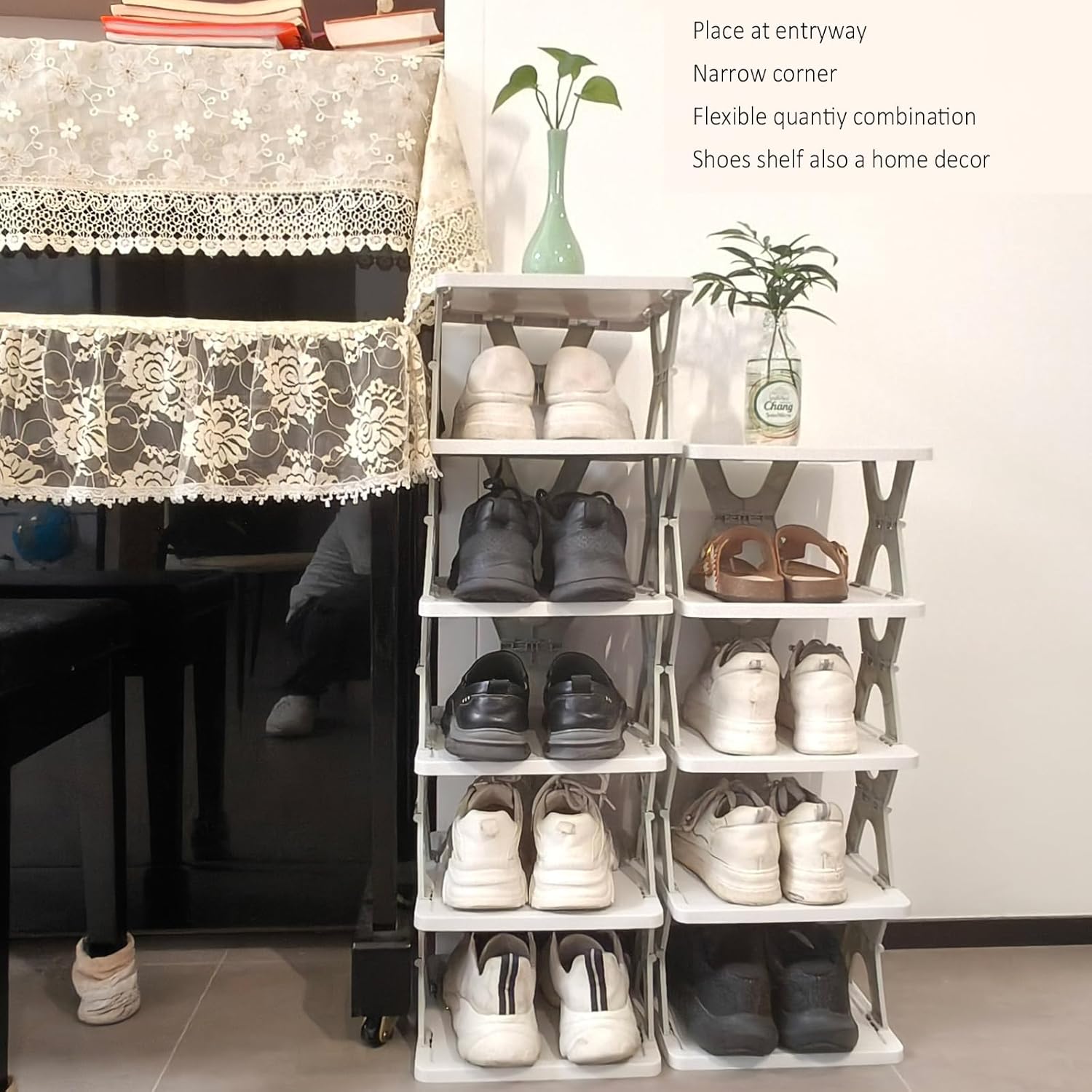 Foldable Five-Tier Vertical Shoe Rack – Purple & White