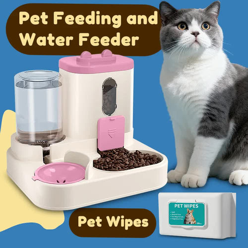 2-in-1 Automatic Pet Feeder Water Dispenser, Large Capacity Cat Dog Food Bowl with Auto Refill, Anti-clog Dry Wet Separation Pet Feeding Station + Free Pet Wipes