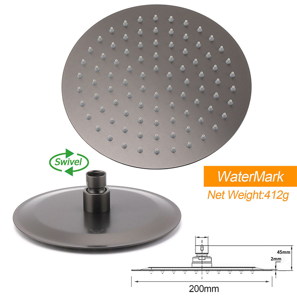 WELS Gun Metal Round 8" SUS Rainfall Shower Head 300mm Ceiling Dropper Arm Set