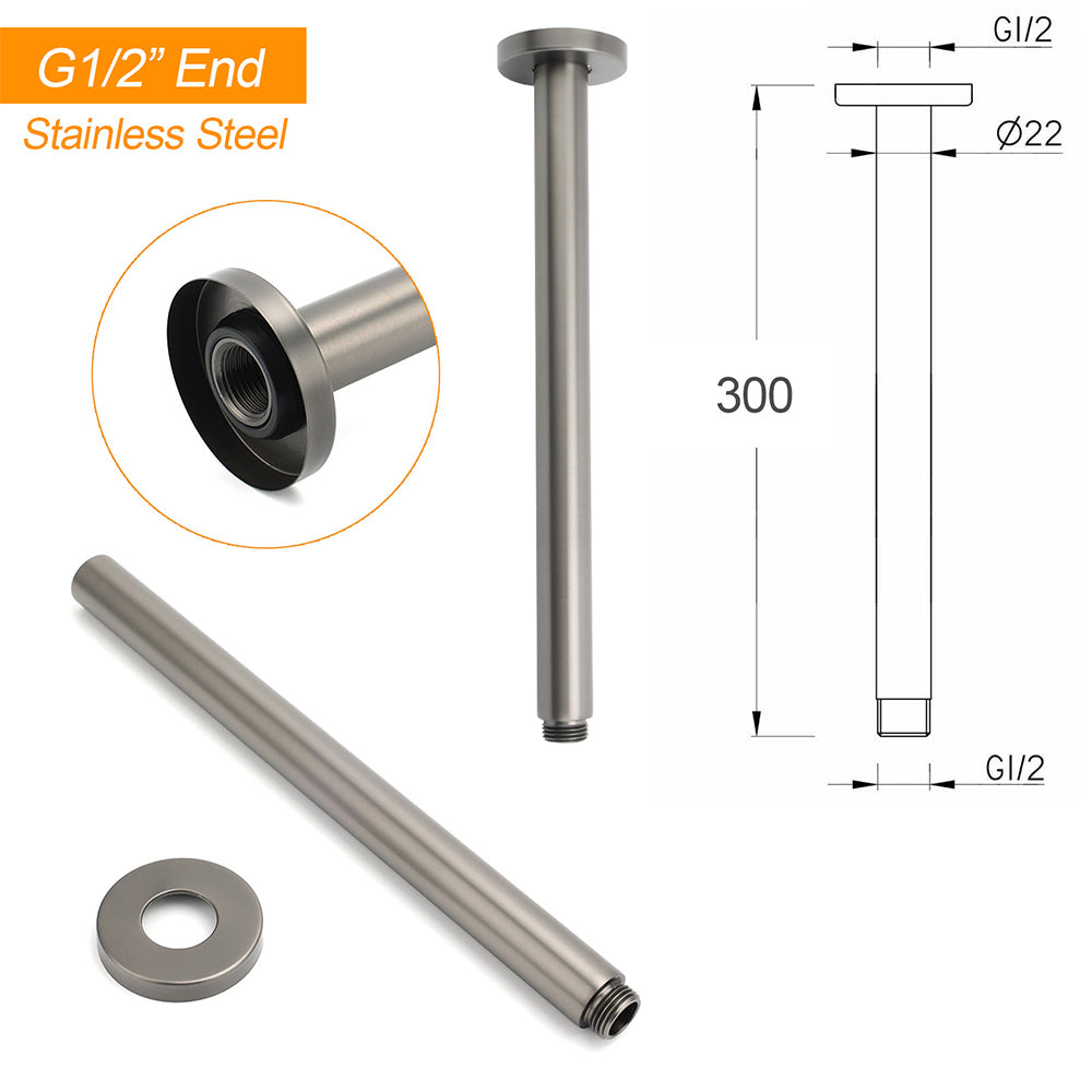 WELS Gun Metal Round 12" SUS Rainfall Shower Head 300mm Ceiling Dropper Arm Set