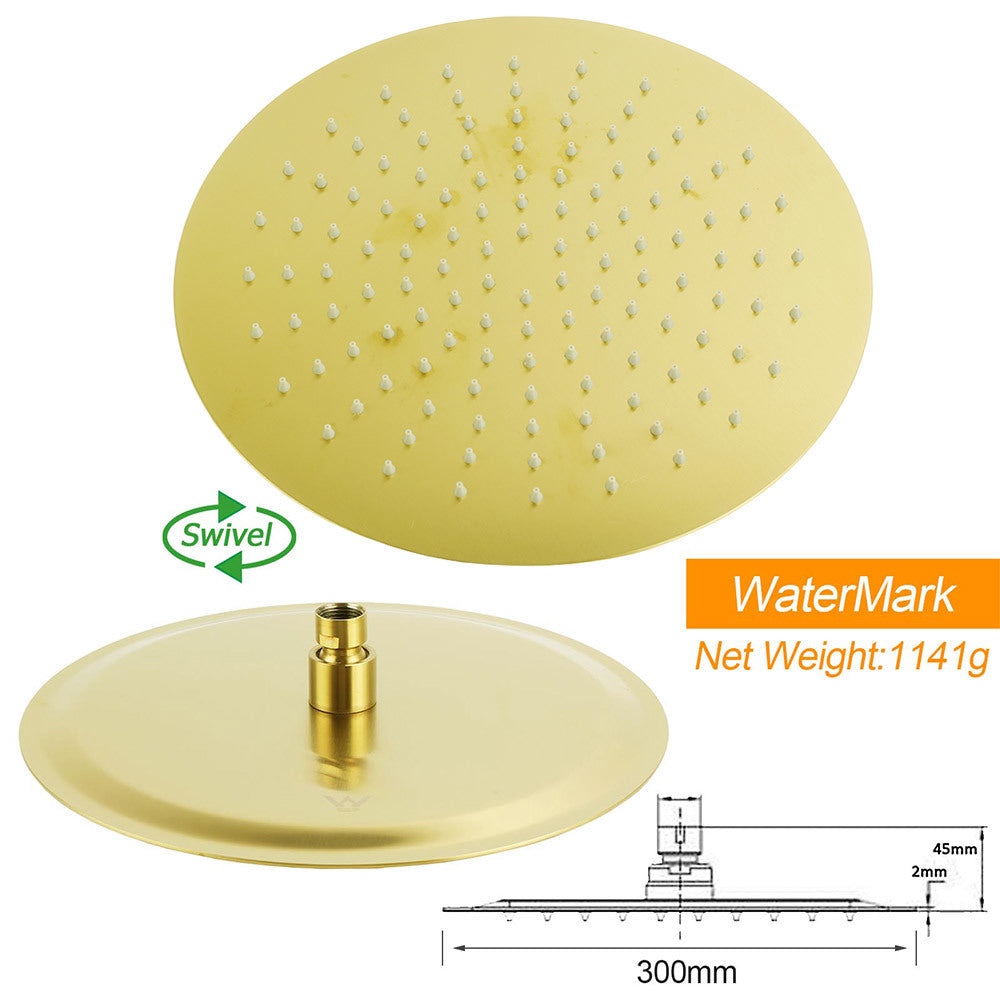 Brushed Gold Round 12 Inch Rain Shower Head Swivel Brass Gooseneck Wall Arm Set