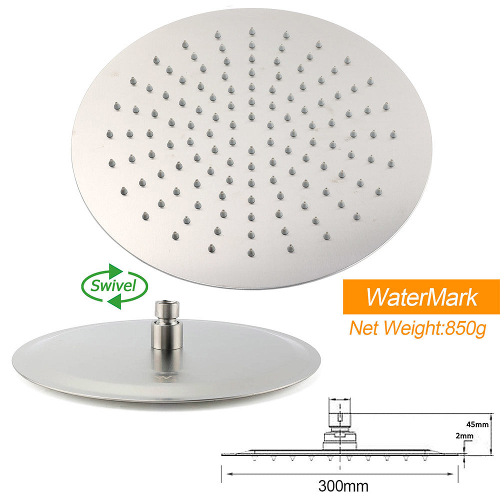 Brushed Nickel 12" Round Rainfall Shower Head 360°Swivel Gooseneck Wall Arm Set