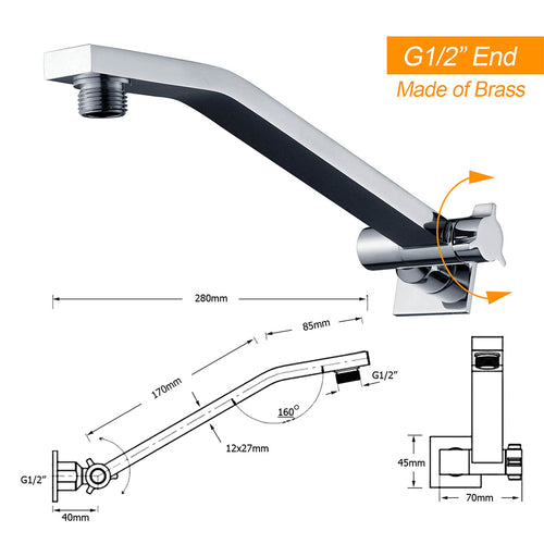 Adjustable Square Brass Shower Arm – Chrome