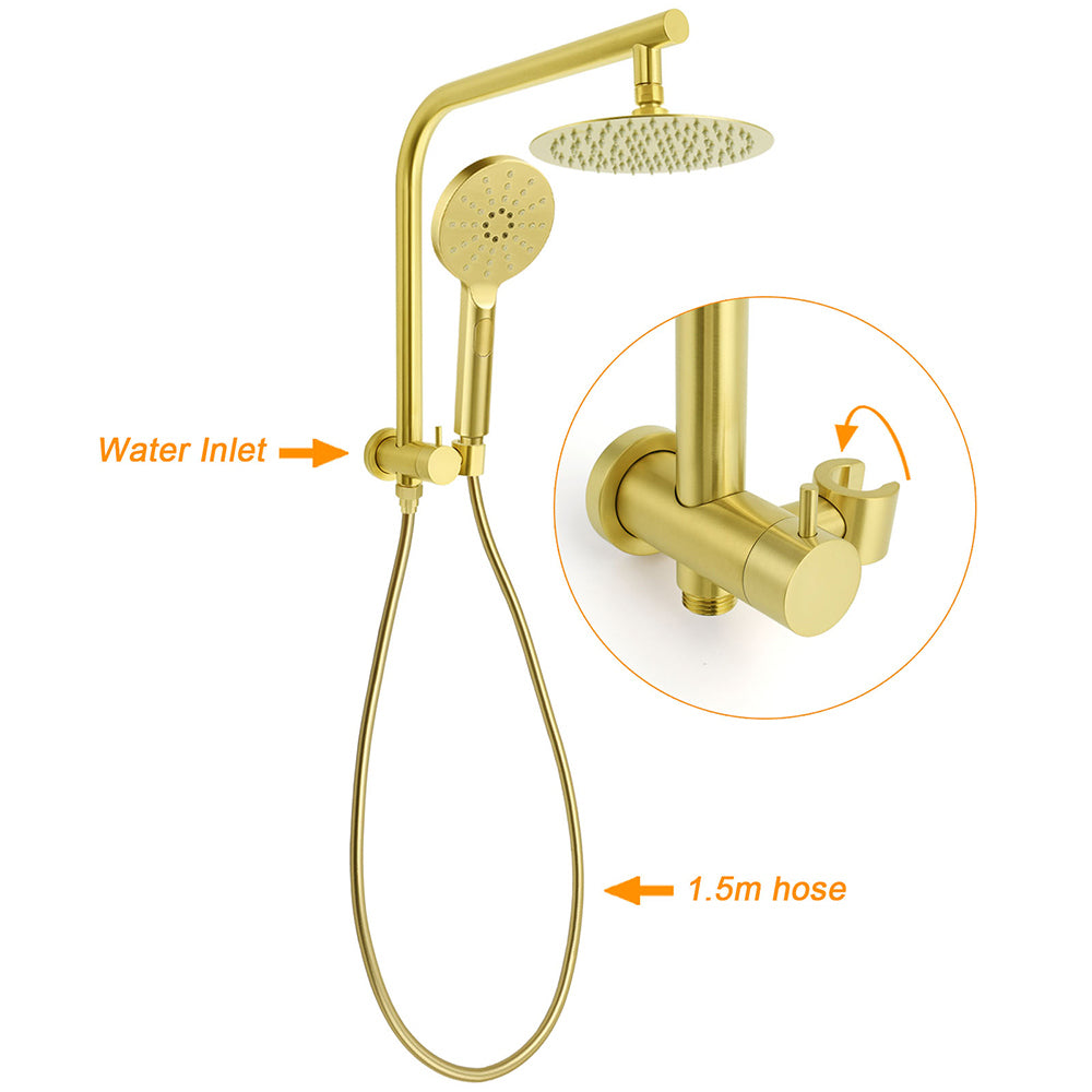 WELS Brushed Gold Round 2in1 Shower Head Set Diverter Wall Arm Metal Handheld With Mixer
