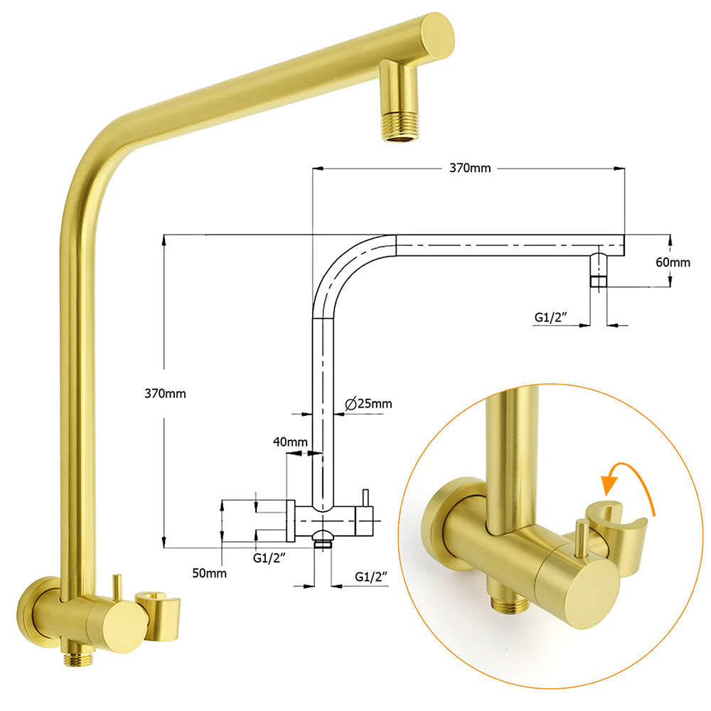 WELS Brushed Gold Round 2in1 Shower Head Set Ergonomic Handheld Gooseneck Arm Twin Taps