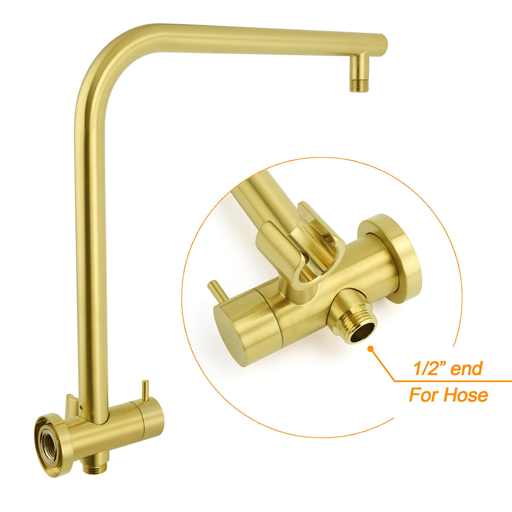 WELS Brushed Gold Round 2in1 Shower Head Set Ergonomic Handheld Gooseneck Arm Twin Taps