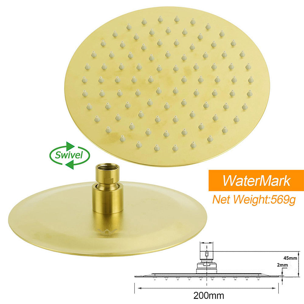 WELS Brushed Gold Round 2in1 Shower Head Set Ergonomic Handheld Gooseneck Arm Twin Taps