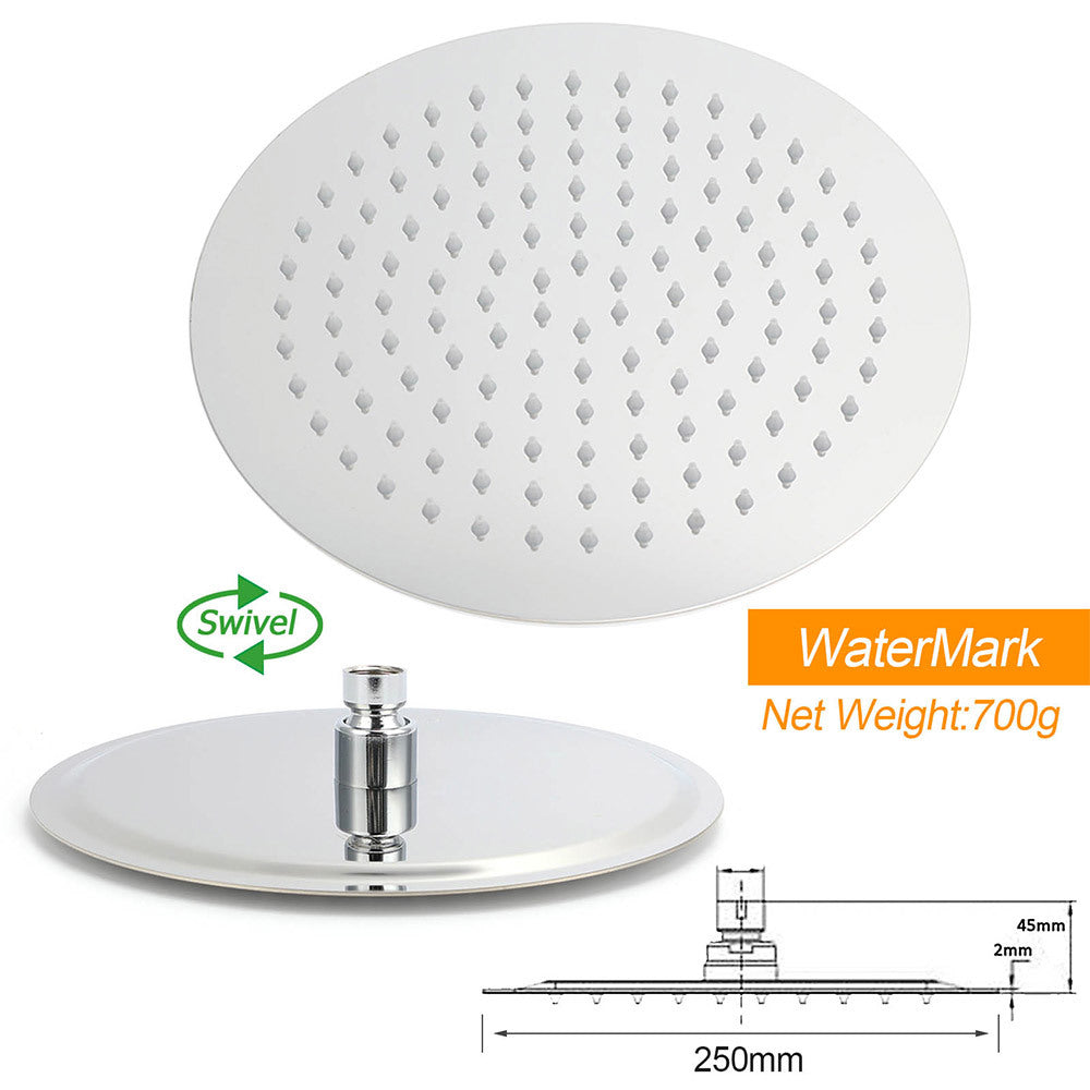 Chrome 250mm Rain Shower Head Round Handheld Sliding Rail Diverter Arm Twin Taps Set