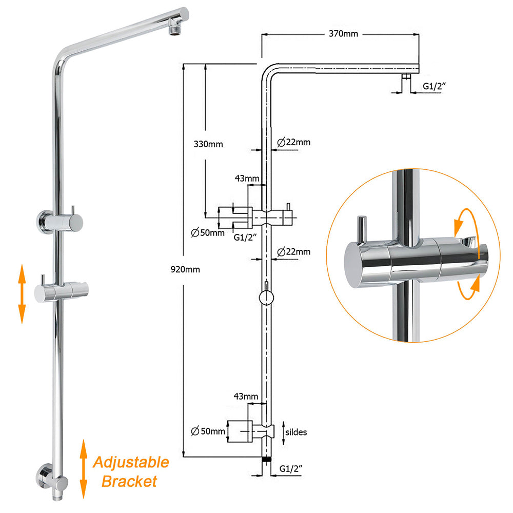 WELS Round Shower Head Handheld Sliding Rail Arm Chrome 12" Rainfall 2in1 Mixer Set