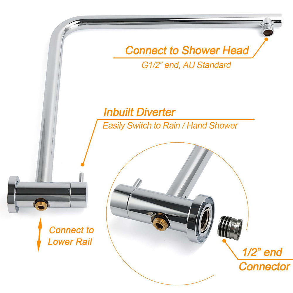 WELS Round Shower Head Handheld Sliding Rail Arm Chrome 12" Rainfall 2in1 Mixer Set