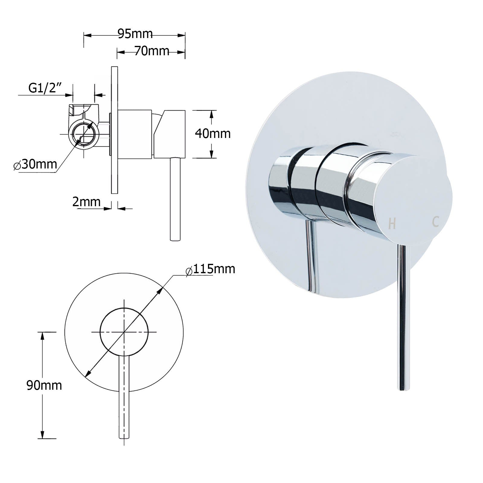WELS Round Shower Head Handheld Sliding Rail Arm Chrome 12" Rainfall 2in1 Mixer Set