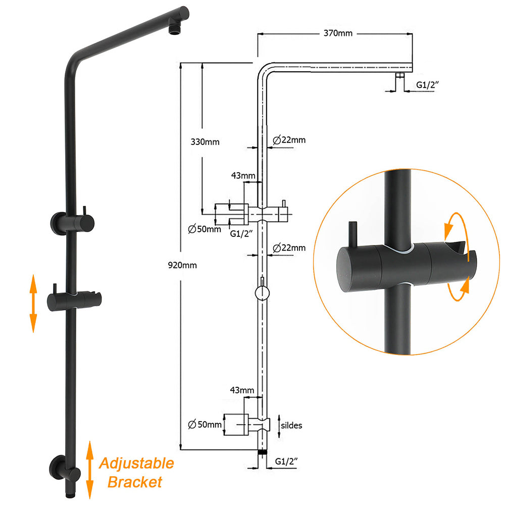 Round 300mm Rain Shower Head Brass Handheld Riser Rail Set Diverter Matt Black