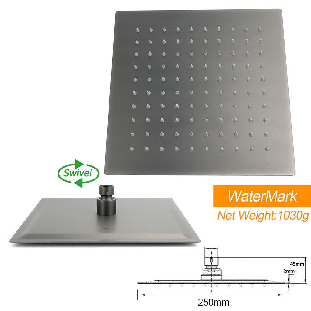 Gun Metal Double Square Shower Head Set 10" Rain Handheld Sliding Rail Diverter