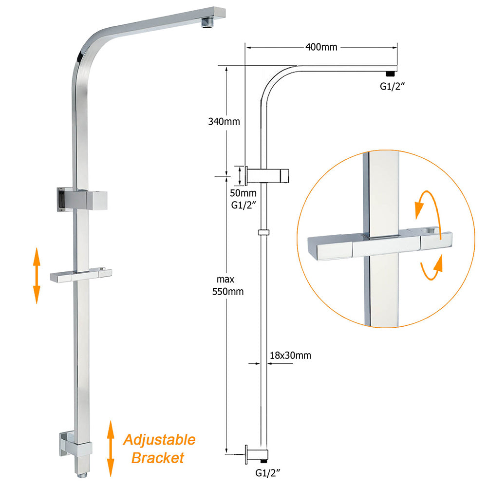 Chrome Dual Square Shower Set 12" Rain Shower Head 3 Function Handheld Rail Arm Mixer