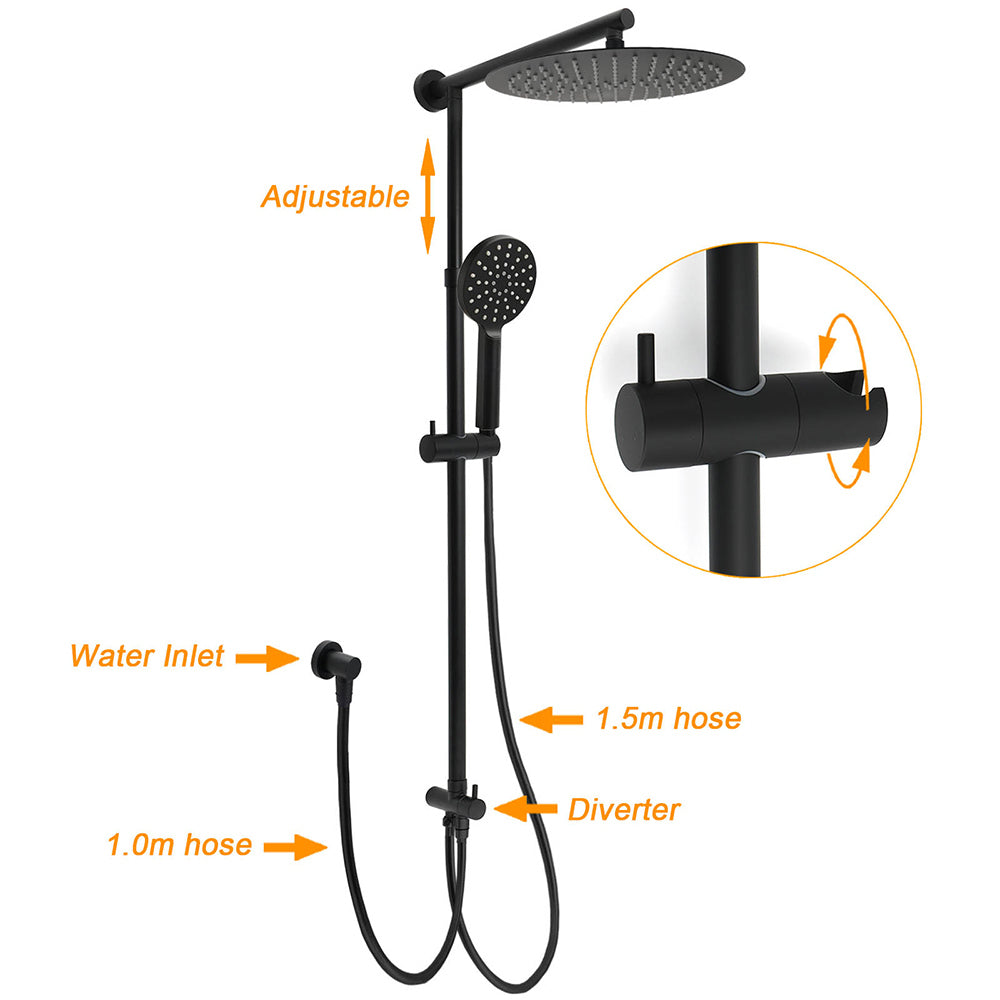 Matte Black Large 12" Round Shower Head Twin Set Handheld Diverter Wall Rail Arm