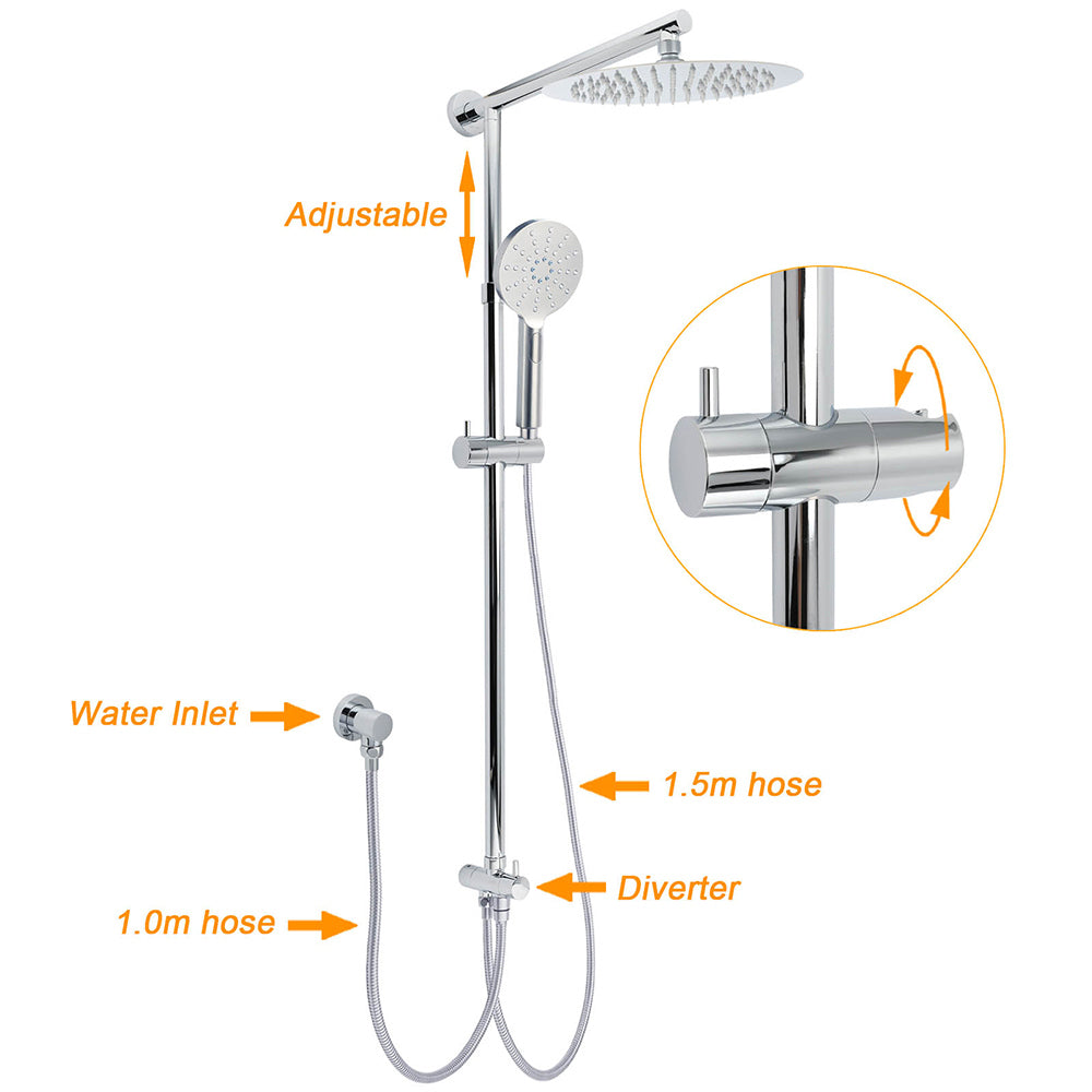 Chrome 10" Round Rain Handheld Twin Shower Head Arm Sliding Rail Arm Double Taps