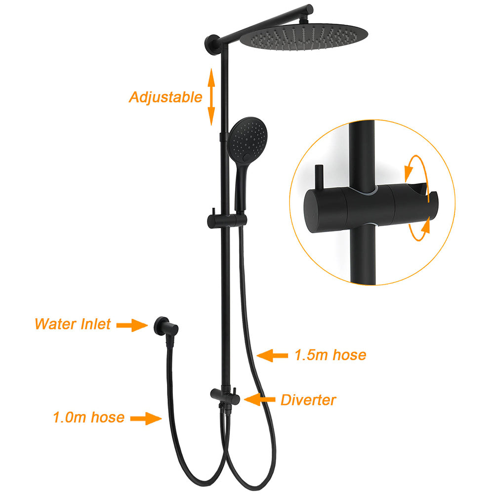 Matte Black Large 12" Twin Round Shower Head Set Handheld Diverter Rail Wall Arm