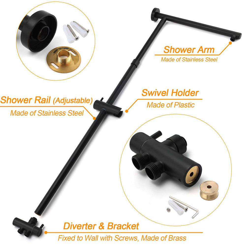 Matte Black Large 12" Twin Round Shower Head Set Handheld Diverter Rail Wall Arm