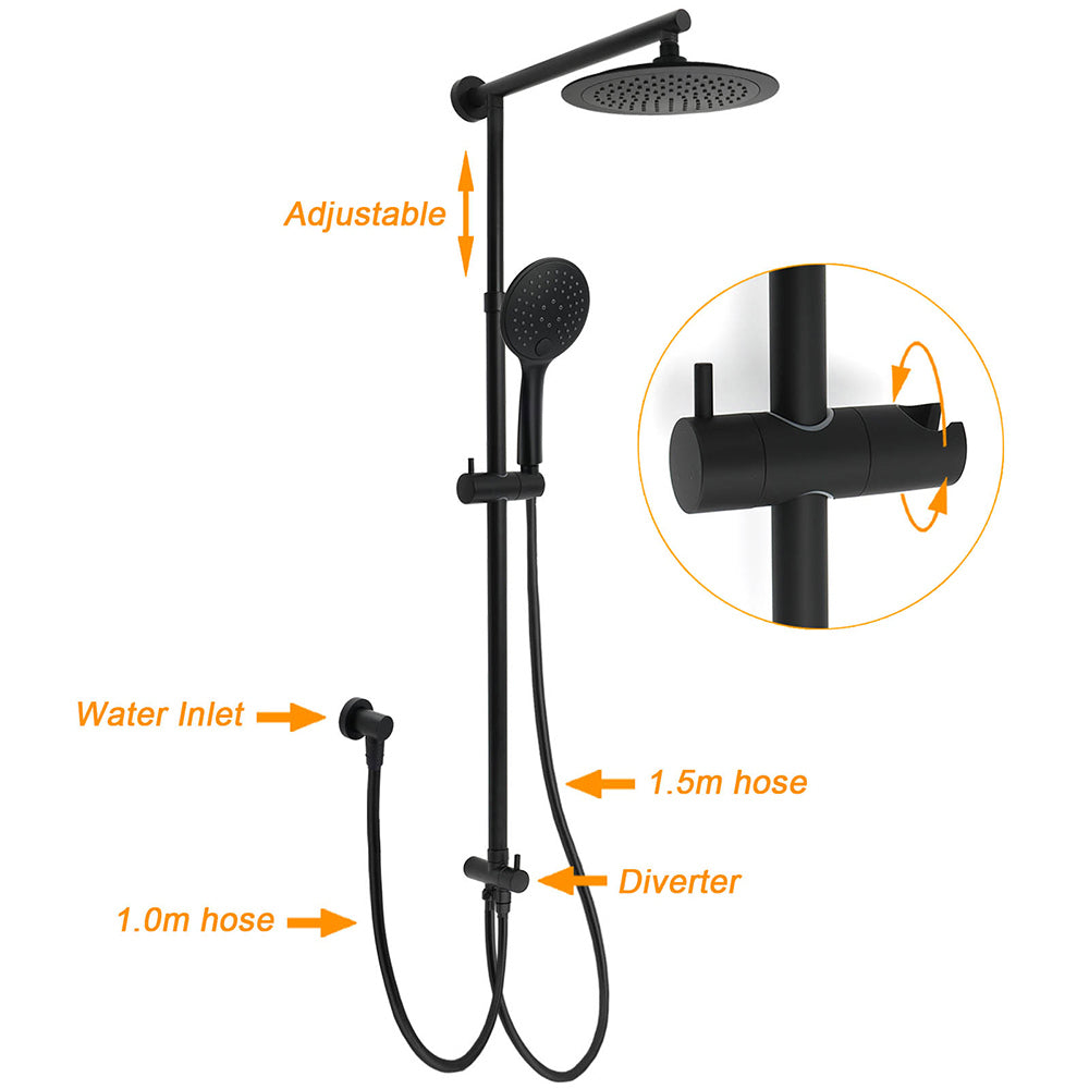 WELS Matt Black 9" Round Rain Shower Head Handheld Adjustable Rail Arm Elbow 2in1 Set