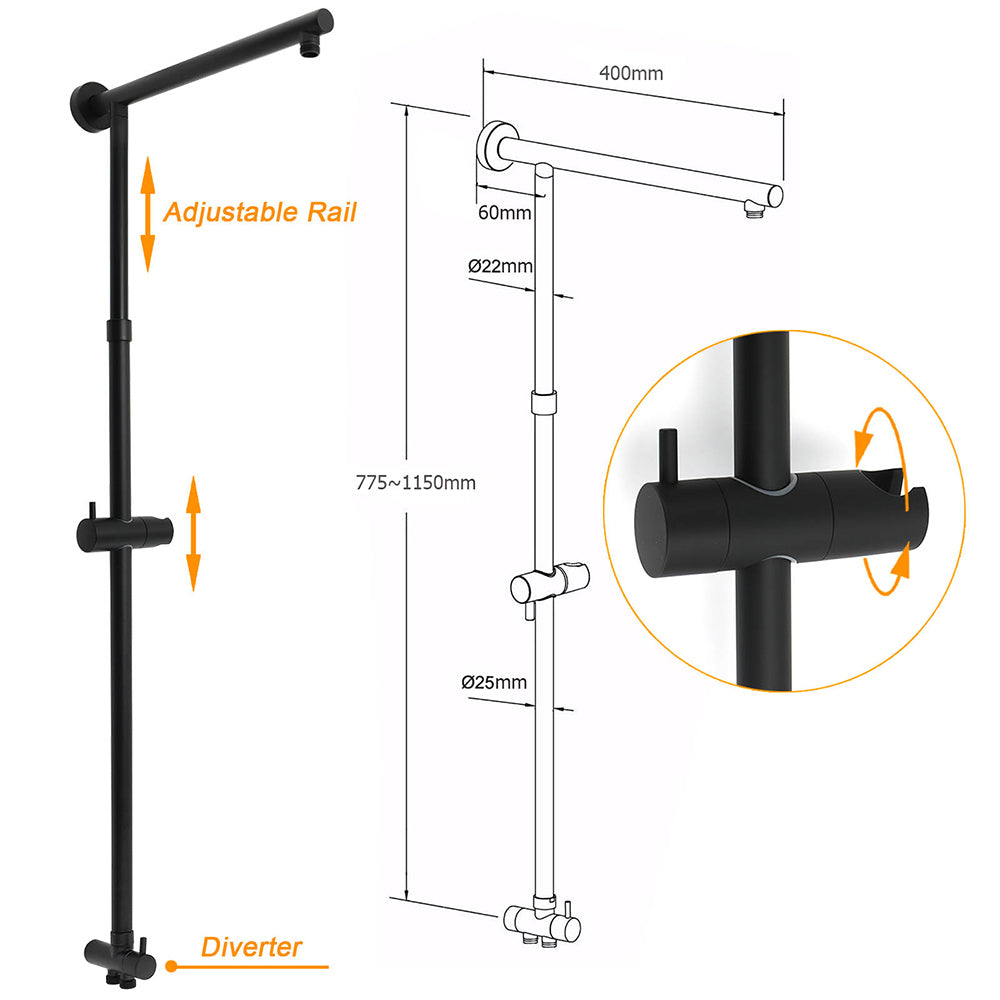 WELS Matt Black 9" Round Rain Shower Head Handheld Adjustable Rail Arm Elbow 2in1 Set
