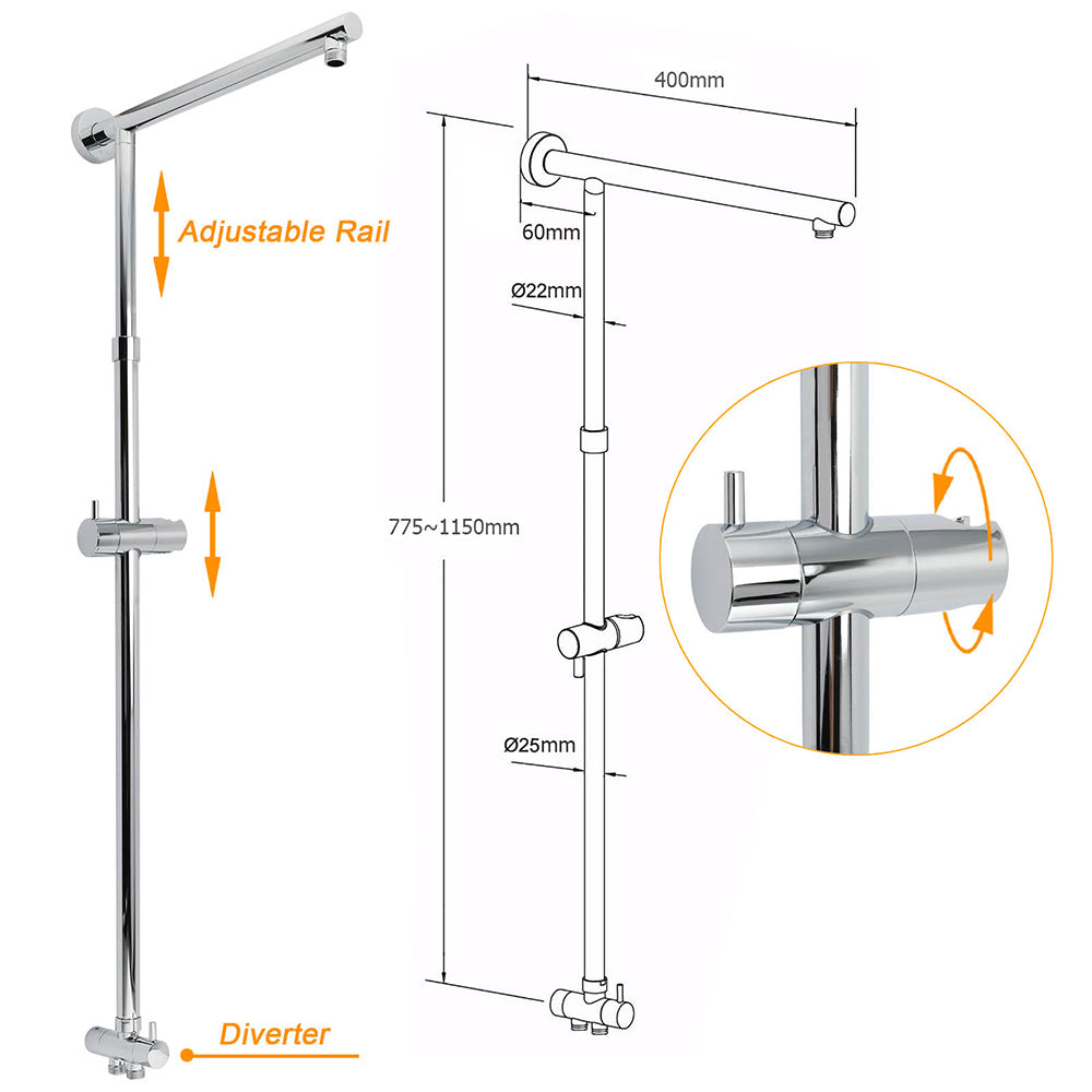 Chrome Square 10" Twin Shower Head Handheld Sliding Rail Set Wall Inlet Elbow With Mixer