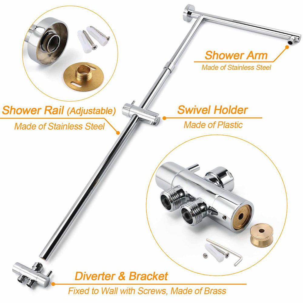 Chrome Square 10" Twin Shower Head Handheld Sliding Rail Set Wall Inlet Elbow With Mixer