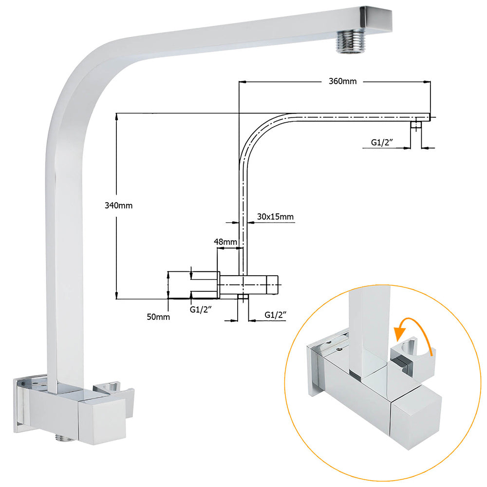 WELS Dual Square Shower Head 3 Mode Handheld Diverter Wall Arm 10" Rain Set