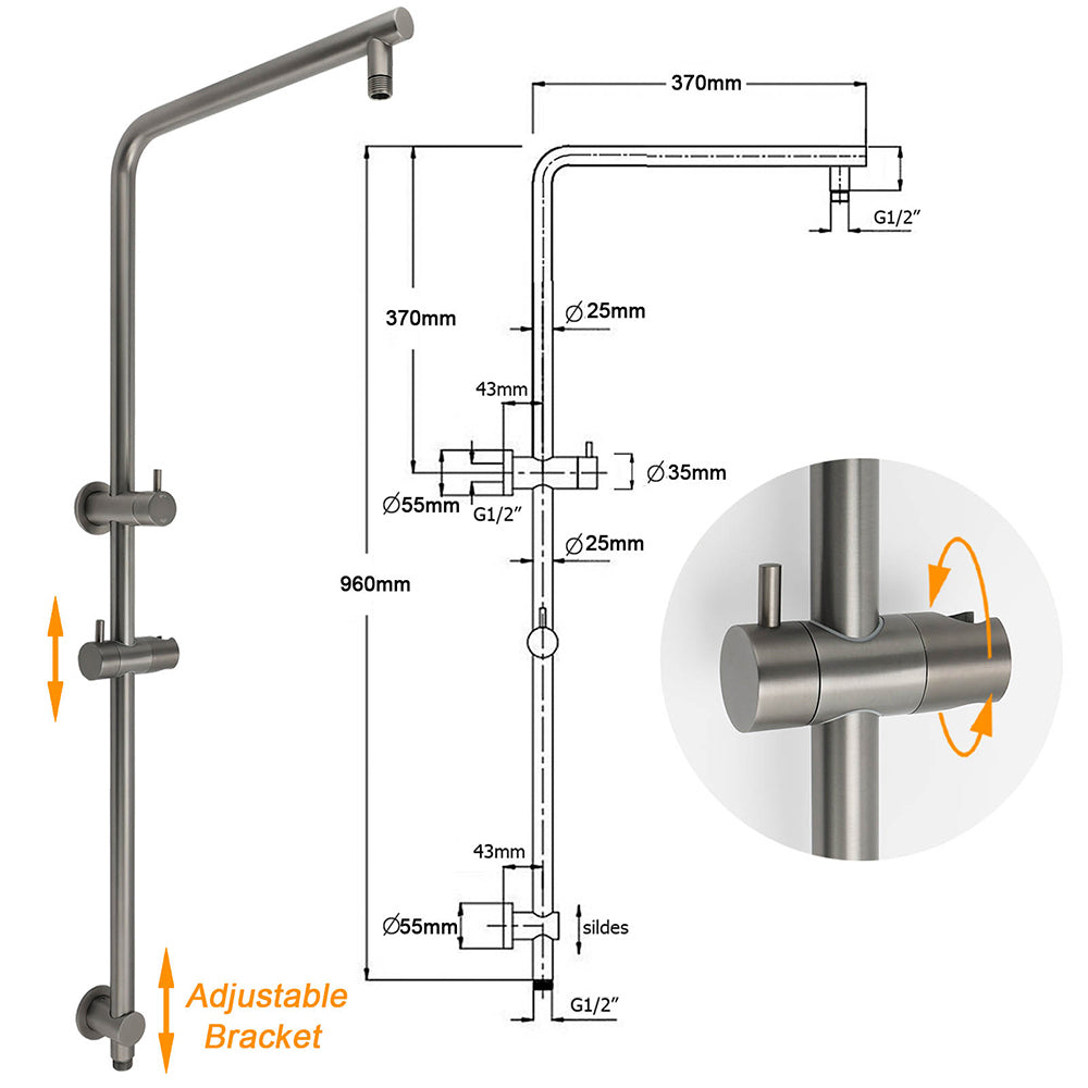 WELS Gunmetal Round 10" Twin Shower Head 3 Modes Handheld Slide Rail Diverter Arm