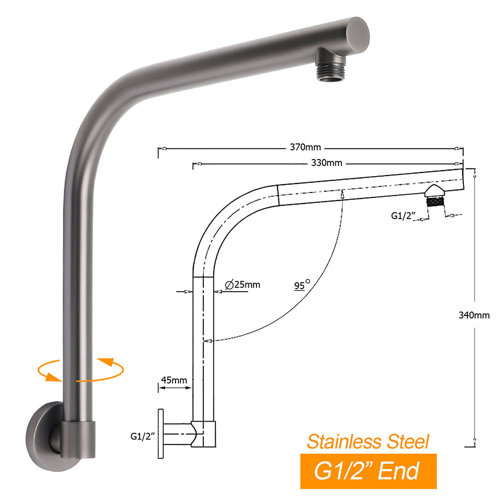 Gun Metal Round 12" Rainfall Shower Head + High Rise Gooseneck Wall Arm Bath Set