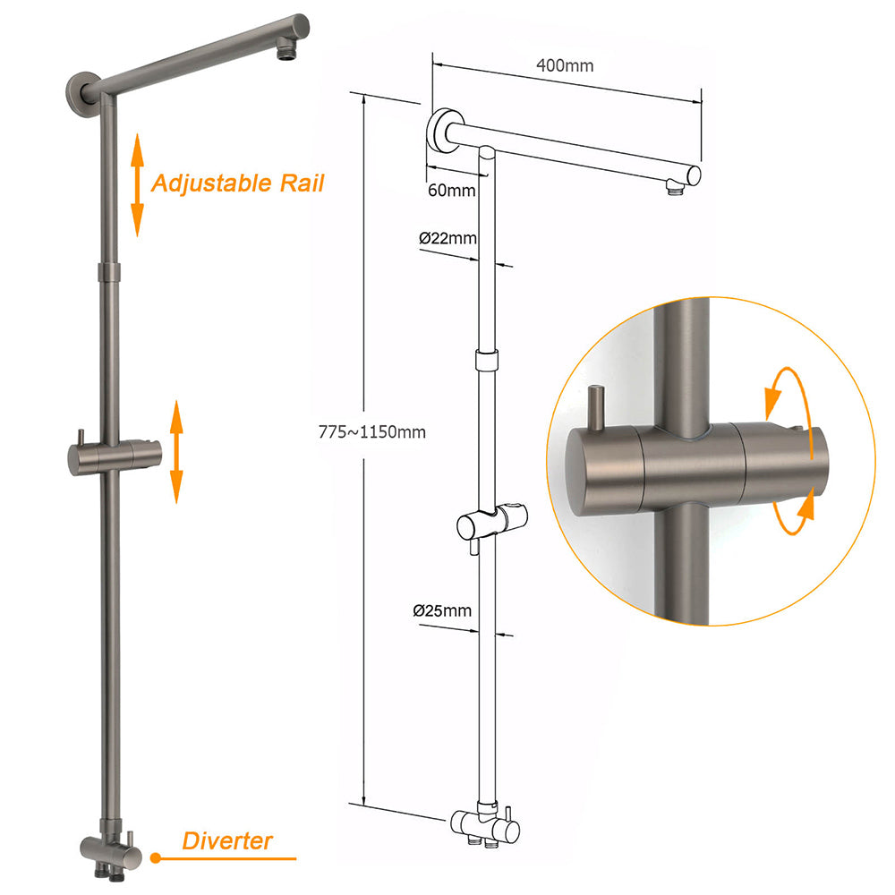 WELS Gun Metal Dual Round Shower Head 10" Rain Head 3 Mode Handheld Sliding Rail Diverter Set