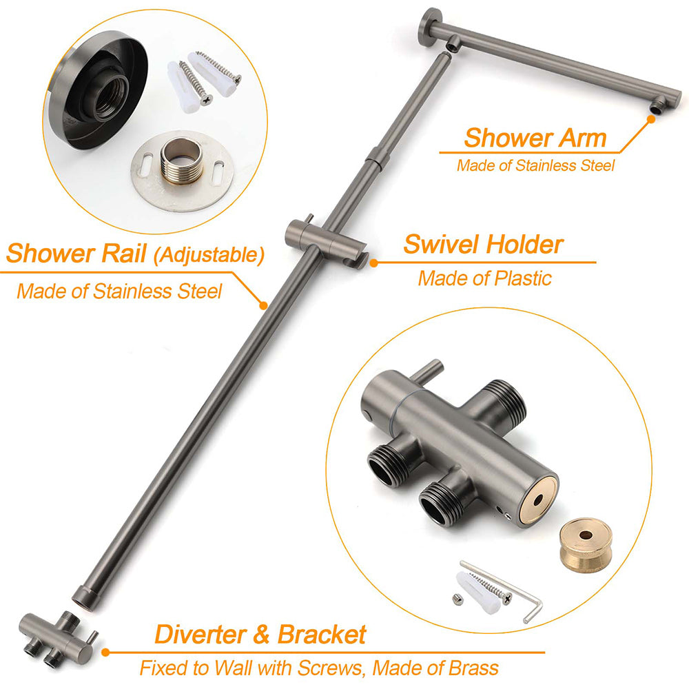 WELS Gun Metal Dual Round Shower Head 10" Rain Head 3 Mode Handheld Sliding Rail Diverter Set