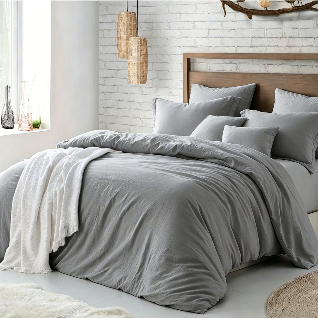 Solid Microfibre Quilt Cover Set – Grey, Queen