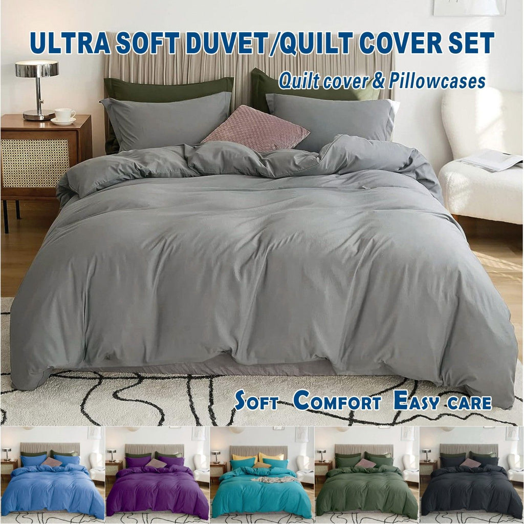 Microfibre Quilt Cover Set – Grey, Double, 3 Piece