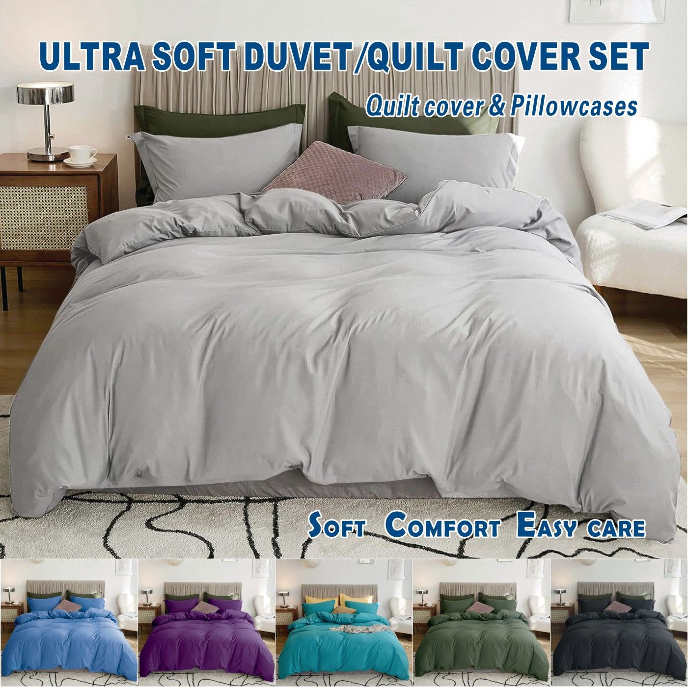Microfibre Quilt Cover Set – Silver Grey, Double, 3 Piece