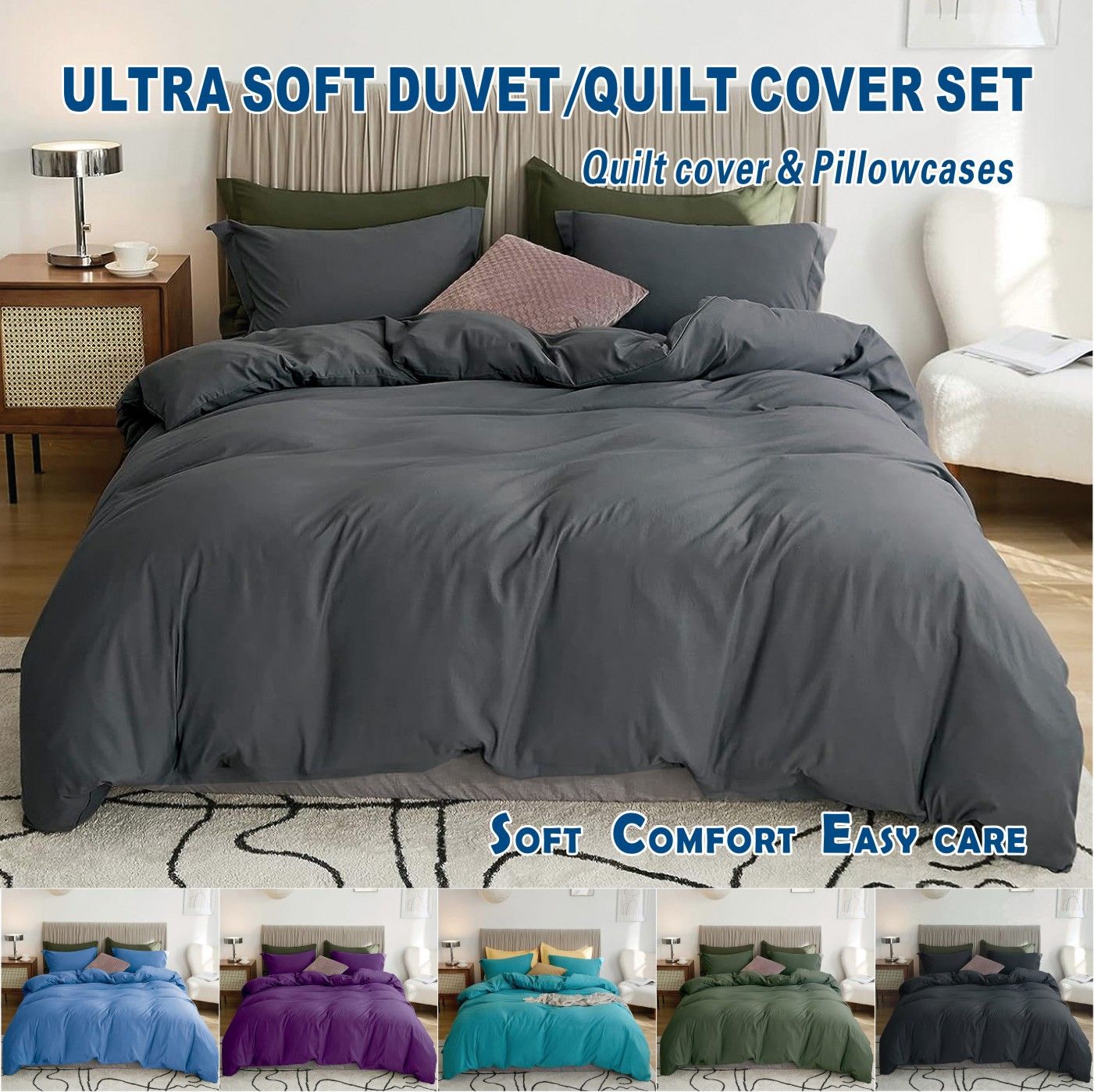 Microfibre Quilt Cover Set – Dark Grey, King, 3 Piece