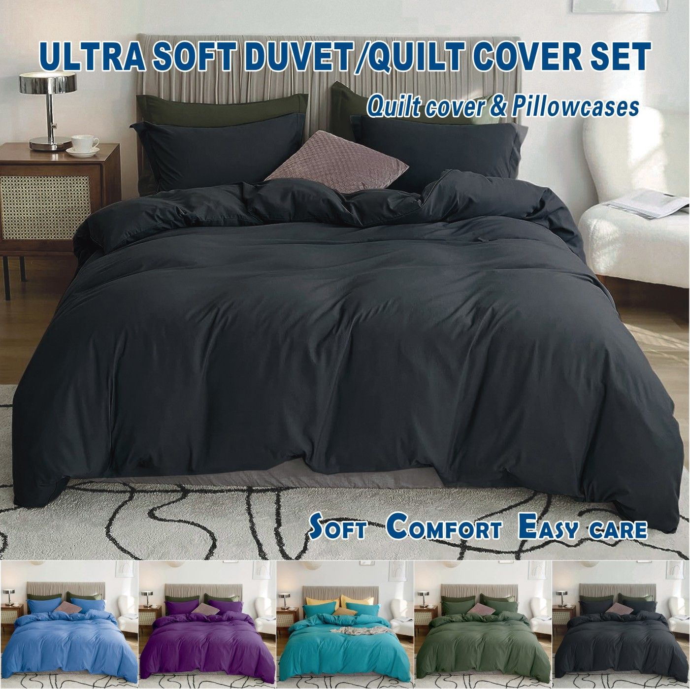 Microfibre Quilt Cover Set – Black, Queen