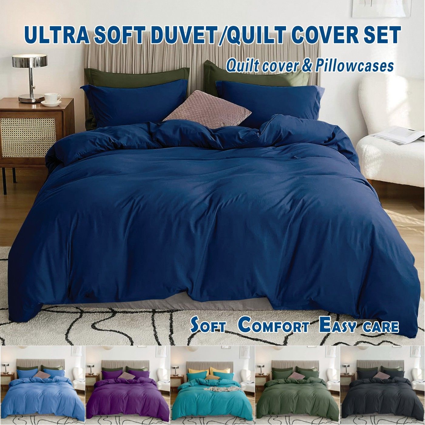 Microfibre Quilt Cover Set – Navy, Queen, 3 Piece