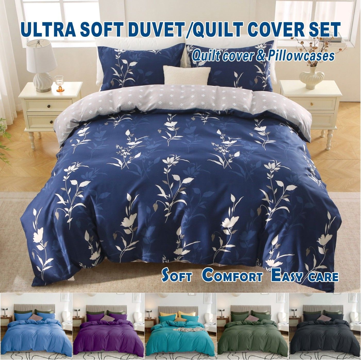 Microfibre Quilt Cover Set – Navy Floral, Queen, 3 Piece