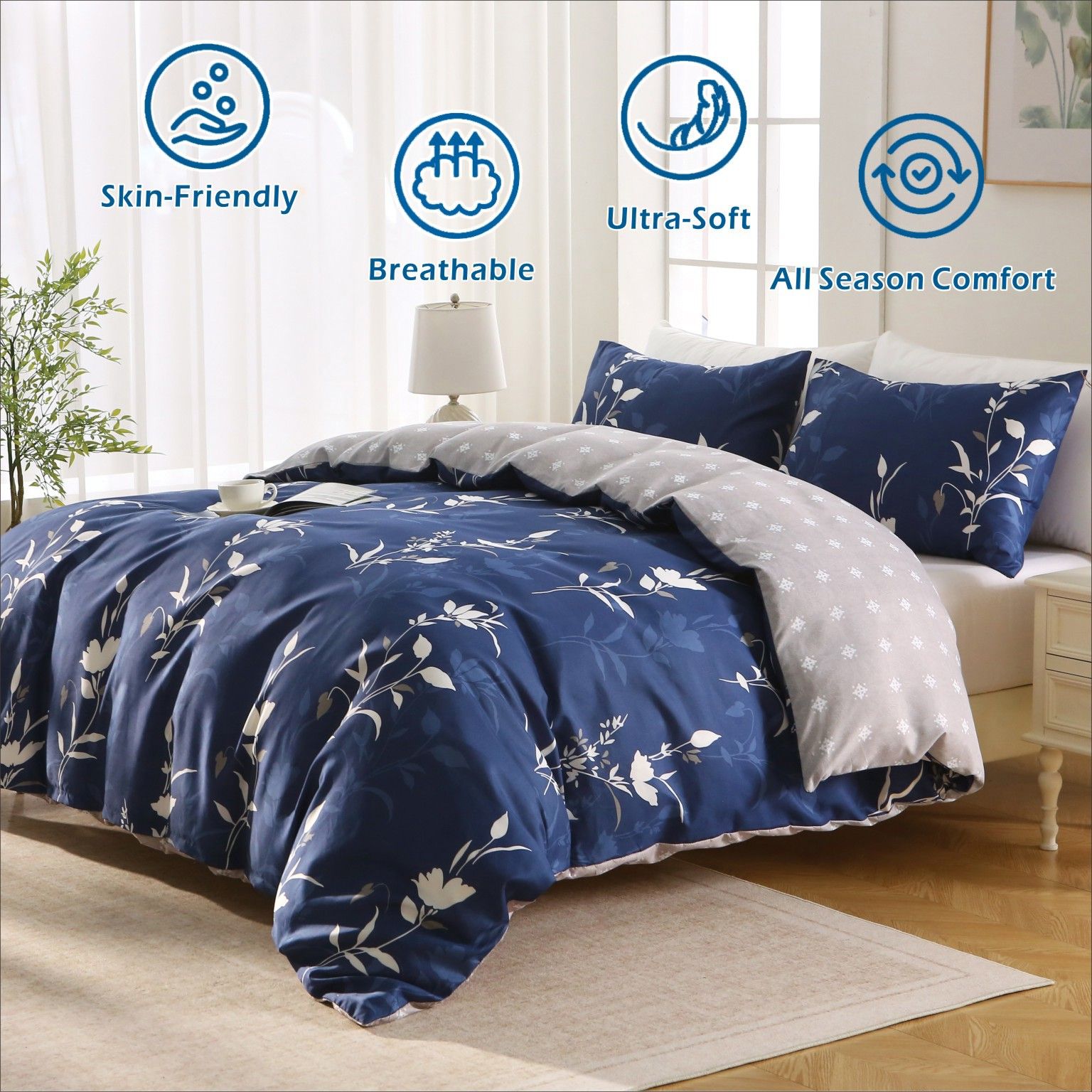 Microfibre Quilt Cover Set – Navy Floral, Queen, 3 Piece
